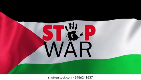 Image of stop war text over flag of palestine. Palestine israel conflict, finance, business and global politics concept digitally generated image.