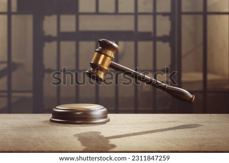 The image symbolizes the verdict of the prosecution for the life sentence. A wooden gavel hits the round block. A prison cell appears in the background. Concept justice, judgment, punishment, guilt. Foto d'archivio © 