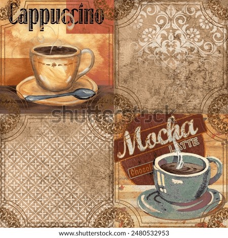 The image is of a table with a tea set and a tea cup. The accompanying text appears to be a mix of random characters and words like "cappuccino," "Macha," "chocolate", "Latte".