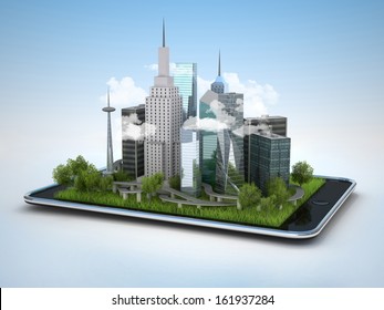 Image Of Tablet With Illustration Of City, 3d 