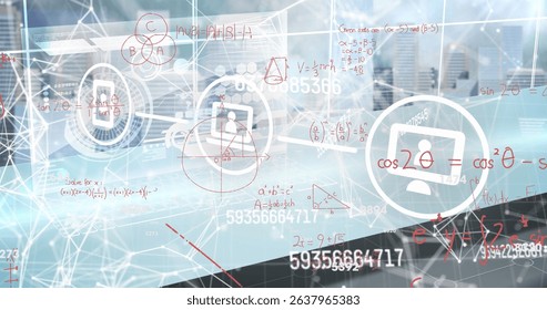 Image of tech icons, numbers and math formulas on grey background. Network, math, science and technology concept digitally generated image.