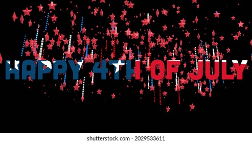 Image of a text Happy 4th Of July made with U.S. flag with red and blue stars floating on black background. U.S.A flag independence day concept digital composition