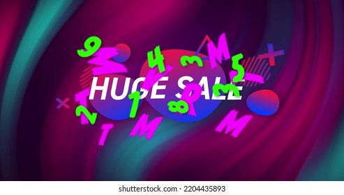 Image Of Text Huge Sale, With Colourful Letters And Numbers, Over Swirling Dark Pink And Blue. Retail Trade Sale Communication Concept, Digitally Generated Image.