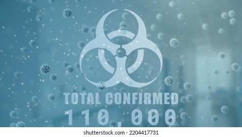 Image Of Total Confirmed Numbers Processing, Biohazard Symbol, Dna With Coronavirus. Digital Composite, Pandemic, Covid-19, Viral Infection, Healthcare And Medicine, Epidemic, Microbiology.