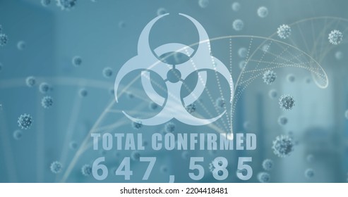 Image Of Total Confirmed Numbers Processing, Biohazard Symbol, Dna With Coronavirus. Digital Composite, Pandemic, Covid-19, Viral Infection, Healthcare And Medicine, Epidemic, Microbiology.