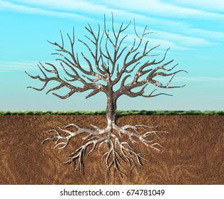 An Image Of A Tree Stylish Seen In Two Layers , With Roots Underground. This Is A 3d Render Illustration