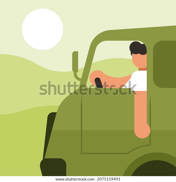 Image Of A Truck Driver In A Truck Cabin,\
Isolated On White\
Background.