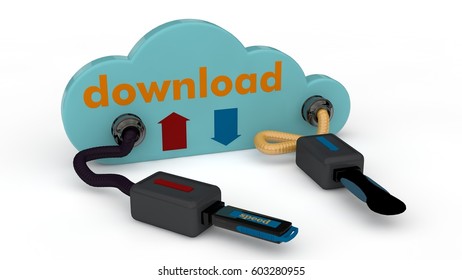 the image of two flash drives connected, and cloud storage with text download, the idea of sharing information and downloads. 3D rendering