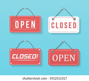 Image of various open and closed business signs. A business sign that says Come In, We're Open. Signboard with a rope. 