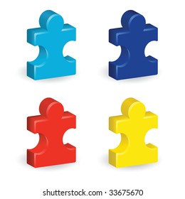 Image version of four brightly colored, three-dimensional puzzle pieces, representing autism awareness