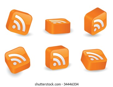 Image version of RSS icon on vibrant, glossy, three-dimensional blocks in various positions