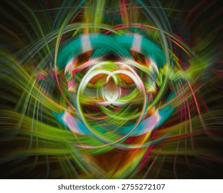 The image is a **vibrant abstract composition** built from swirling arcs, luminous streaks, and layered curves that converge toward a central point. At the center, several **interlocking circular shapes** form a structure reminiscent of overlapping petals or rings, creating the impression of a **kaleidoscopic flower or spinning vortex**.

Bright colors such as **turquoise, lime green, yellow, pink, and white** stand out against a darker background, producing a striking contrast. The lines appear to move dynamically in curved trajectories, as if **streams of light were spiraling inward and outward simultaneously**.

Around the central structure, broader arcs sweep across the image, forming **circular frames and intersecting loops** that enhance the sense of motion and depth. Some areas show textured streaks and fine linear patterns, suggesting **speed, energy, and layered movement**.

Overall, the image evokes the feeling of a **kaleidoscope of light and color in motion**, combining organic shapes and luminous trails to create a dynamic and energetic visual experience.
