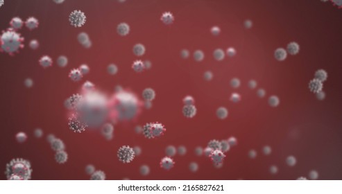 Image Of Virus Cells On Red Background. Global Science And Digital Interface During Covid 19 Pandemic Concept Digitally Generated Image.