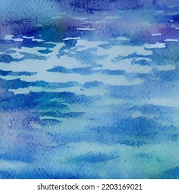 Image Of The Water Surface Close Up. Watercolor Hand Drawing