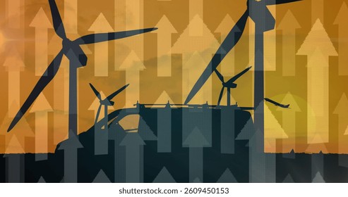 Image of white arrows pointing up wind turbines, van and delivery man with cardboard boxes. global shipping, transport and travel concept digitally generated image.