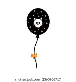 An image of a white cat's face on a black balloon tied with black string and an orange bow. Halloween drawing illustration. - Powered by Shutterstock