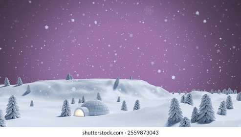 Image of white christmas snowflakes falling over winter landscape with illuminated igloo. Christmas, winter, festivity, tradition and celebration concept digitally generated image. - Powered by Shutterstock