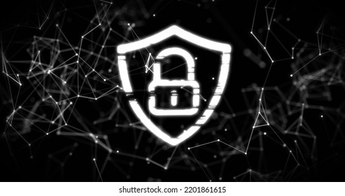 Image Of White Digital Padlock With Interference, Data Processing And Digital Interface With Network Of Connections In The Background. Online Security Concept Digitally Generated Image.