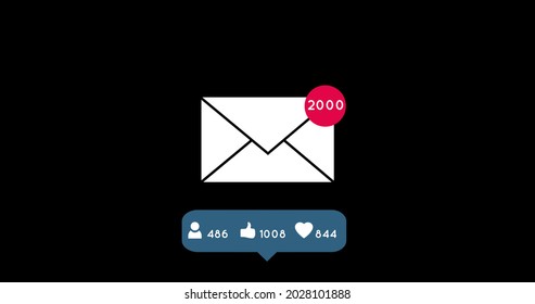 Image Of A White Envelope Icon With A Pink Dot In The Corner With Numbers Going Up And A Speech Bubble With Like, Love And Person Symbols And Numbers Going Up On A Black Background 4k