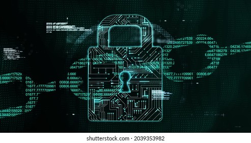 Image of white file icons falling over a view of padlock and chain icons made from processing data on black background. Global online security concept.