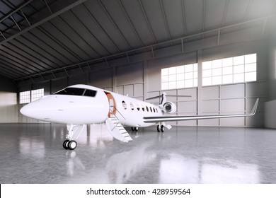 Image Of White Matte Luxury Generic Design Private Jet Parking In Hangar Airport. Concrete Floor. Business Travel Picture. Horizontal, Front Angle View. Film Effect. 3D Rendering