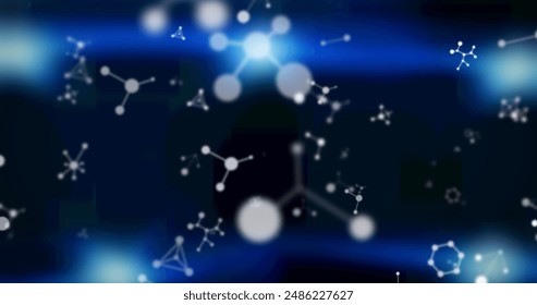 Image of white molecules floating on blue background. science and research concept digitally generated image.