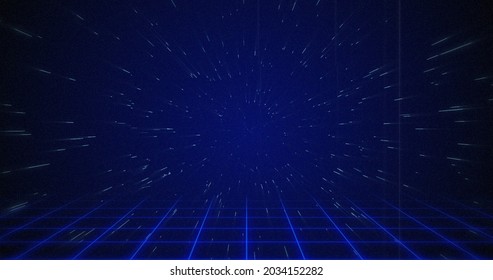Image of white particle coming from the background above squared floor against blue background. 4k