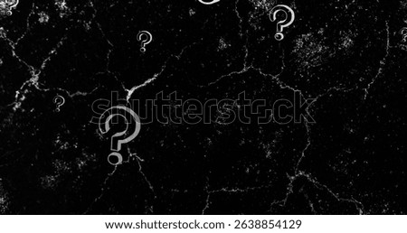 Image of white question marks floating over lightning flashes on black background. Communication, progress and ideas, monochrome abstract background concept digitally generated image.