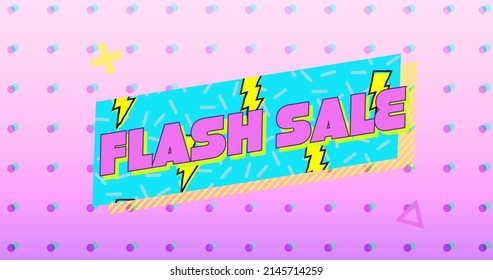 Image of the words Flash Sale in pink letters on a blue banner with moving graphic of lightning flashes on a pink background with dots 4k