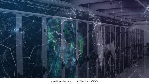 Image of world map and connections over servers. Global network, connections, communication and technology concept digitally generated image.
