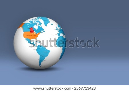Image of a world map on a globe, with a pin used to mark the geographical area of ​​ United States