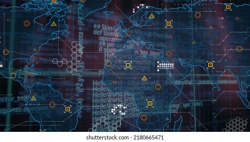 Image of world map over data processing. Global technology, computing and digital interface concept digitally generated image.