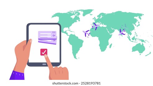 Image of world map over hands using tablet. Social media, travel and digital interface concept digitally generated image.
