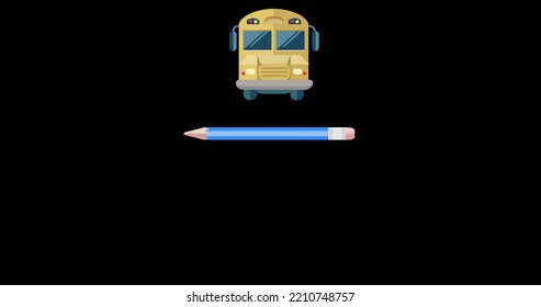 Image Of Yellow School Bus And Blue Pen With Copy Space On Black Background. Education And School Concept