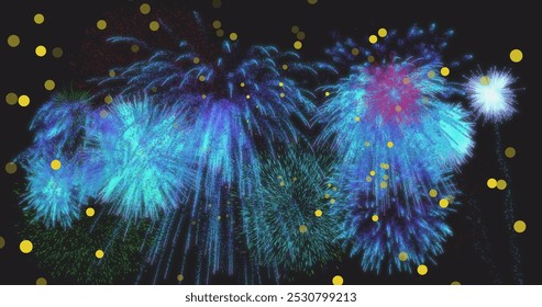 Image of yellow spots of light over blue new year fireworks exploding in night sky. New year, party, celebration and tradition concept digitally generated image.