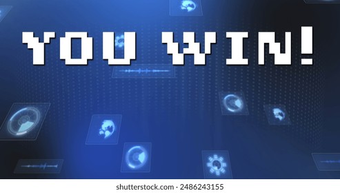 Image of you win text over scope scanning and data processing. global social media, data processing and digital interface concept digitally generated image.