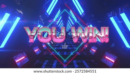 Image of you win text over digital tunnel. Communication, retro future and digital interface concept digitally generated image.