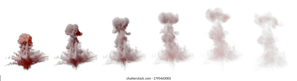 A Lot Images Of Big Bomb Explosion Mushroom Cloud With Fire And Fume Isolated On White Background - 3D Illustration Of Objects