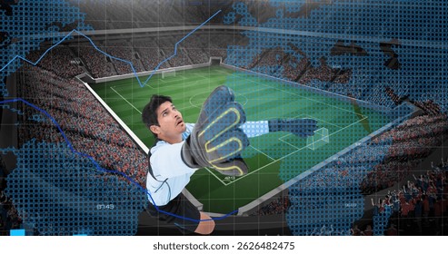 Images of financial data processing over caucasian football player. Sports, competition, entertainment and technology concept digital composite image. - Powered by Shutterstock - Get 15% off with code: PIKWIZARD15