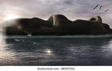 Imaginary Boat, Sunset Sea Landscape, 3d Illustration