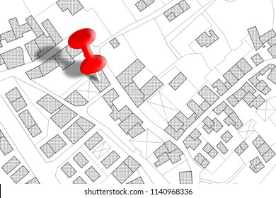 Imaginary Cadastral Map Of Territory With Buildings, Roads And Land Parcel - Concept Image With A Red Pushpin On It