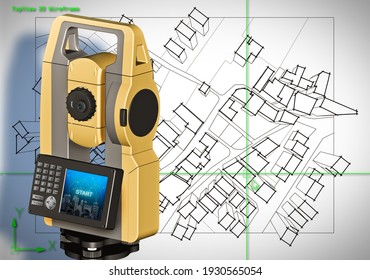 Imaginary Cadastral Map Of Territory With Buildings And Roads Drawn With A CAD (Computer-Aided-Design) Computer Software In Dwg Format File And 3D Rendering Of A Geodesic Device, Called Total Station