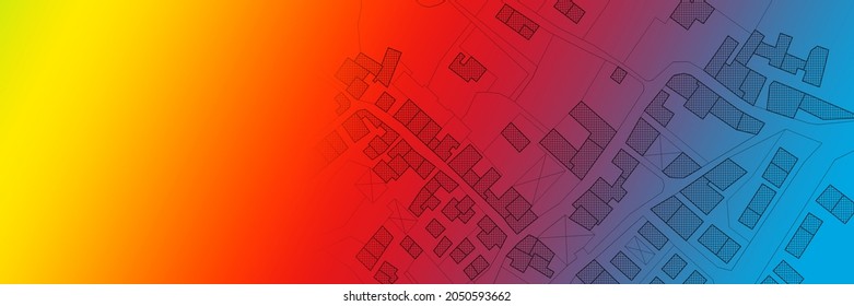 Imaginary cadastral map of territory with buildings, roads and land parcel - land registry concept illustration against a colored background