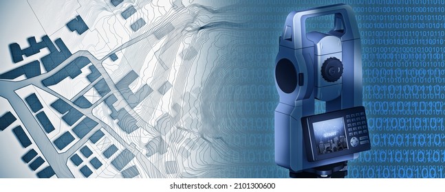 Imaginary Cadastral Map Of Territory With Buildings With A CAD (Computer-Aided-Design) Computer Software In Dwg Format File And 3D Rendering Of A Geodesic Device, Called Total Station 