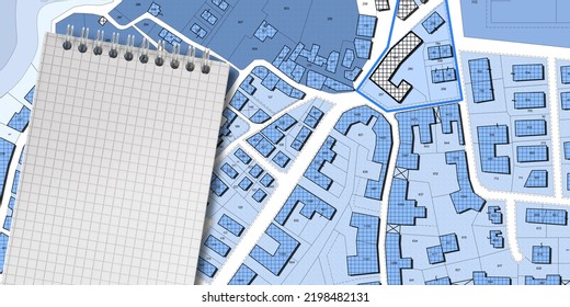 Imaginary Cadastral Map Of Territory With Buildings, Roads, Land Parcel And Notepad With Copy Space