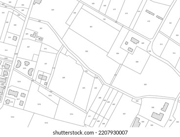 Imaginary Cadastral Map Of Territory With Buildings, Roads, Fields And Land Parcel. 