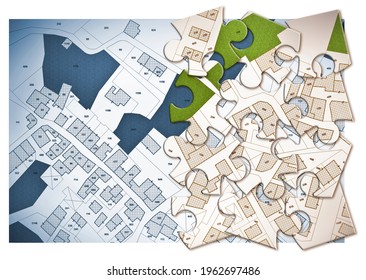 Imaginary cadastral map of territory with a free green land available for building construction. Concept with buildings in jigsaw puzzle shape.