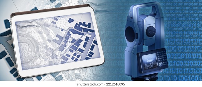 Imaginary Cadastral Map Of Territory With Relief, Digital Tabled And 3D Rendering Of A Geodesic Device, Called Total Station Used For The Survey Of Topographic Maps And Topographical Survey