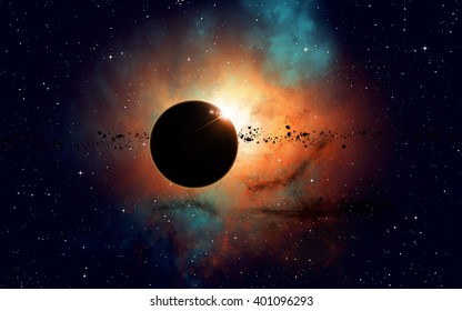 Imaginary Deep Space Eclipse Nebula With Stars And Asteroids