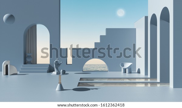 Imaginary fictional architecture, dreamlike
empty space, design of exterior terrace, concrete blue walls,
arched windows, pools, table with hand figurine, sea panorama,
scenery, 3d
illustration